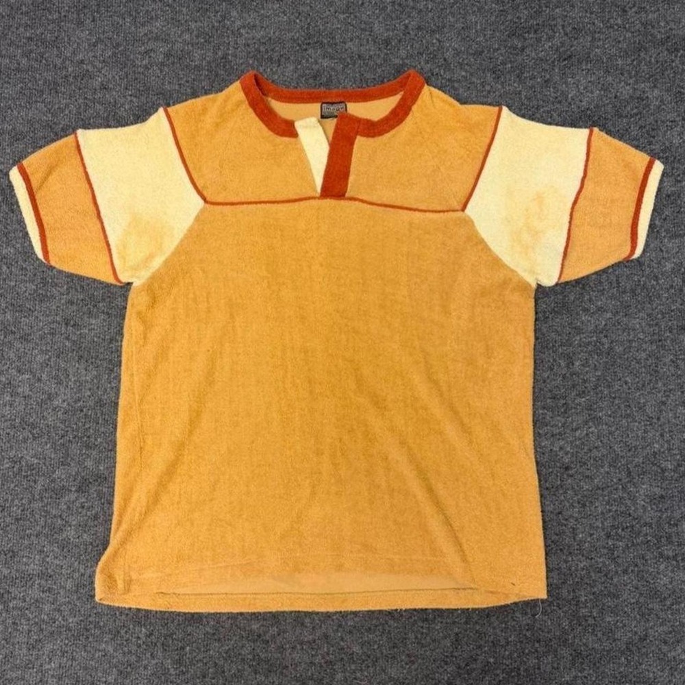 Vintage 70s Image by Sweet Men Terry Cloth Henley Shirt Orange Yellow Medium